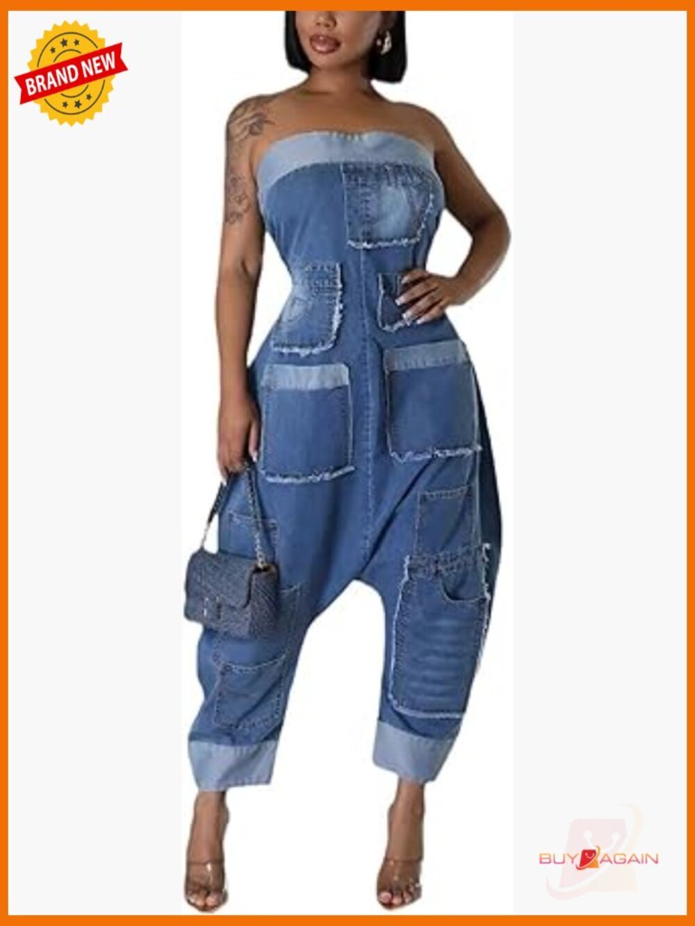 Strapless Denim Cargo Jumpsuit Wide Leg Multi Pockets Baggy Jean Romper